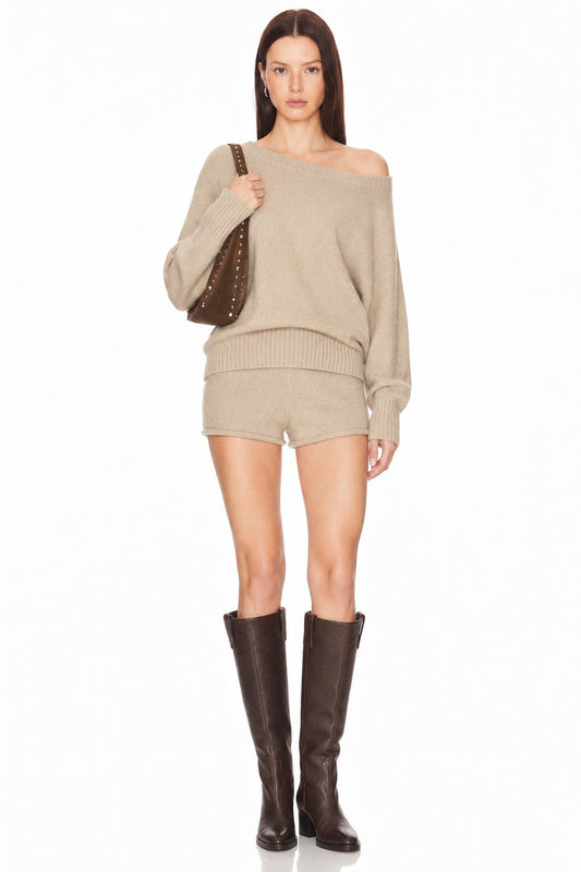 Sunzel Womens Two Piece Knit Lounge Set Off Shoulder Sweater Top and Shorts Fall Winter Outfit