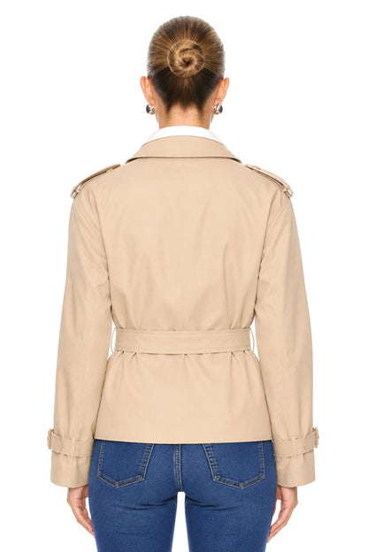 Sunzel Womens Beige Short Trench Coat Belted Lapel Button Front Fall Jacket with Pockets