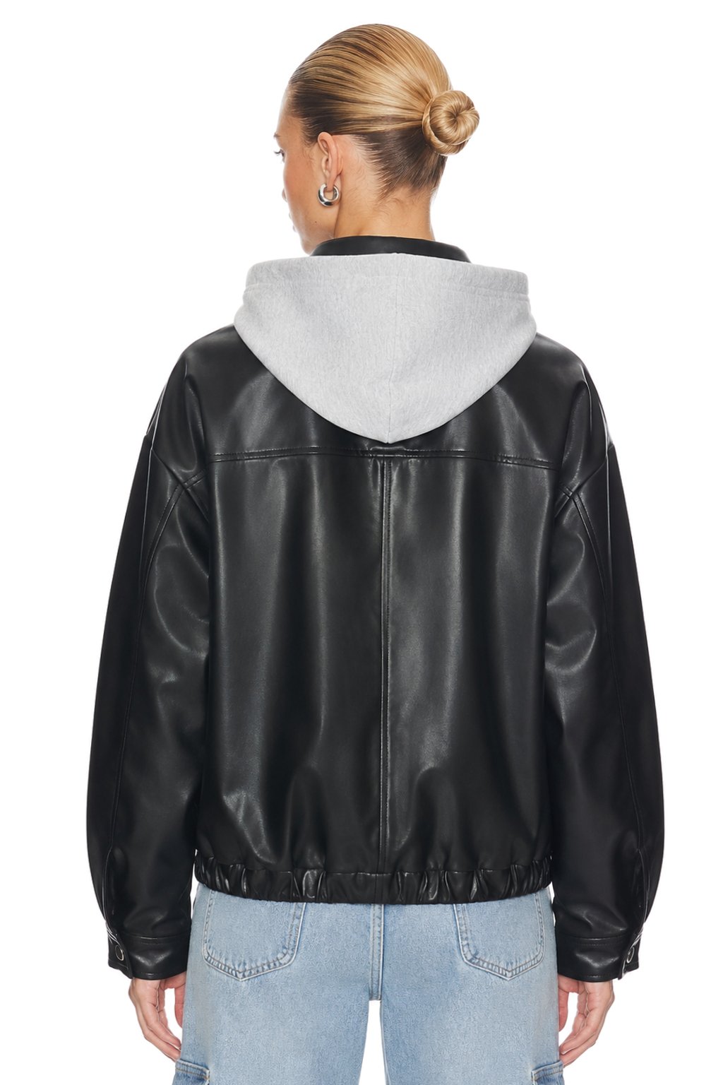 Sunzel Womens Faux Leather Hooded Bomber Jacket Cropped Black Zip Up Coat, Oversized Fall Winter Casual Outerwear with Pockets