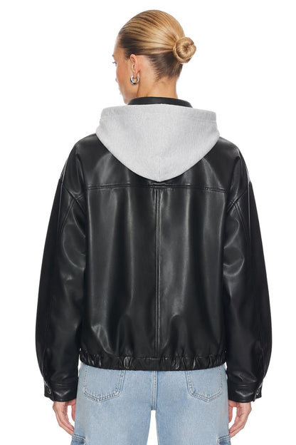 Sunzel Womens Faux Leather Hooded Bomber Jacket Cropped Black Zip Up Coat, Oversized Fall Winter Casual Outerwear with Pockets