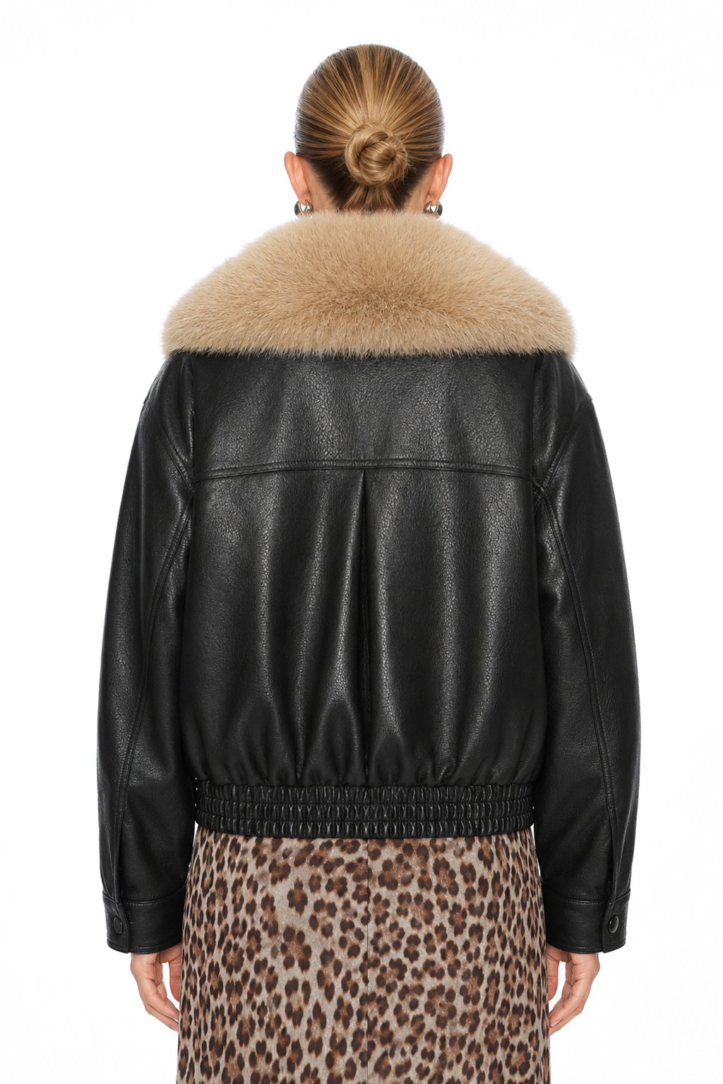 Women Faux Leather Bomber Jacket Faux Fur Collar Cropped PU Coat, Oversized Black Zip Up Moto Jacket with Pockets, Fall Winter Streetwear Outerwear