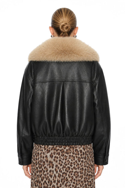 Women Faux Leather Bomber Jacket Faux Fur Collar Cropped PU Coat, Oversized Black Zip Up Moto Jacket with Pockets, Fall Winter Streetwear Outerwear