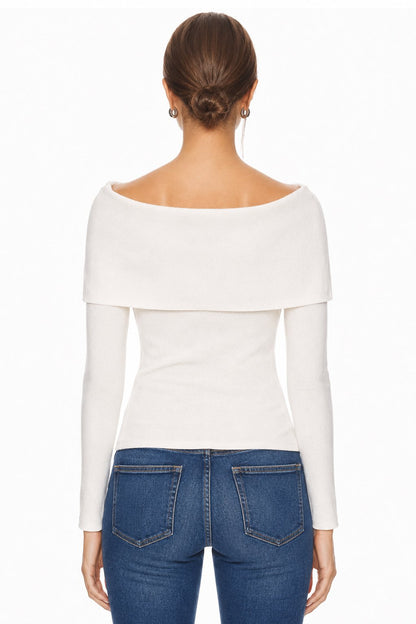Sunzel Womens Off Shoulder Tops Bow Detail Long Sleeve Knit Shirt Smoothing Fitted Spring Summer Going Out Blouse