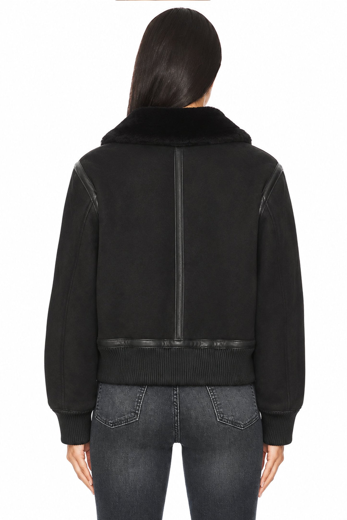 Sunzel Womens Cropped Bomber Jacket Faux Fur Collar Zip Up Winter Coat, Black Short Outerwear with Faux Leather Trim and Pockets