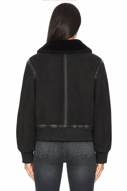 Sunzel Womens Cropped Bomber Jacket Faux Fur Collar Zip Up Winter Coat, Black Short Outerwear with Faux Leather Trim and Pockets