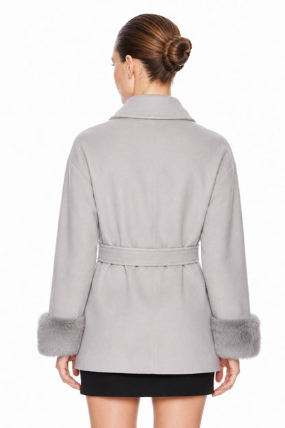 Sunzel Women's Wrap Coat Faux Fur Cuffs Belted Winter Jacket Shawl Collar Wool Touch Open Front Short Dressy Casual Outerwear with Pockets