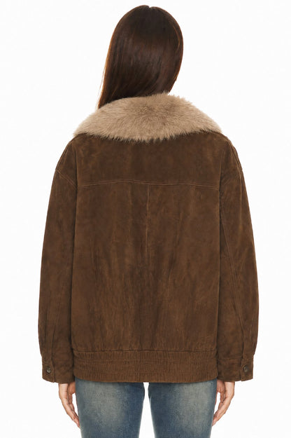 Sunzel Women's Faux Suede Bomber Jacket Faux Fur Collar Oversized Coat, Brown Winter Jacket with Pockets, Fall Fashion Outerwear