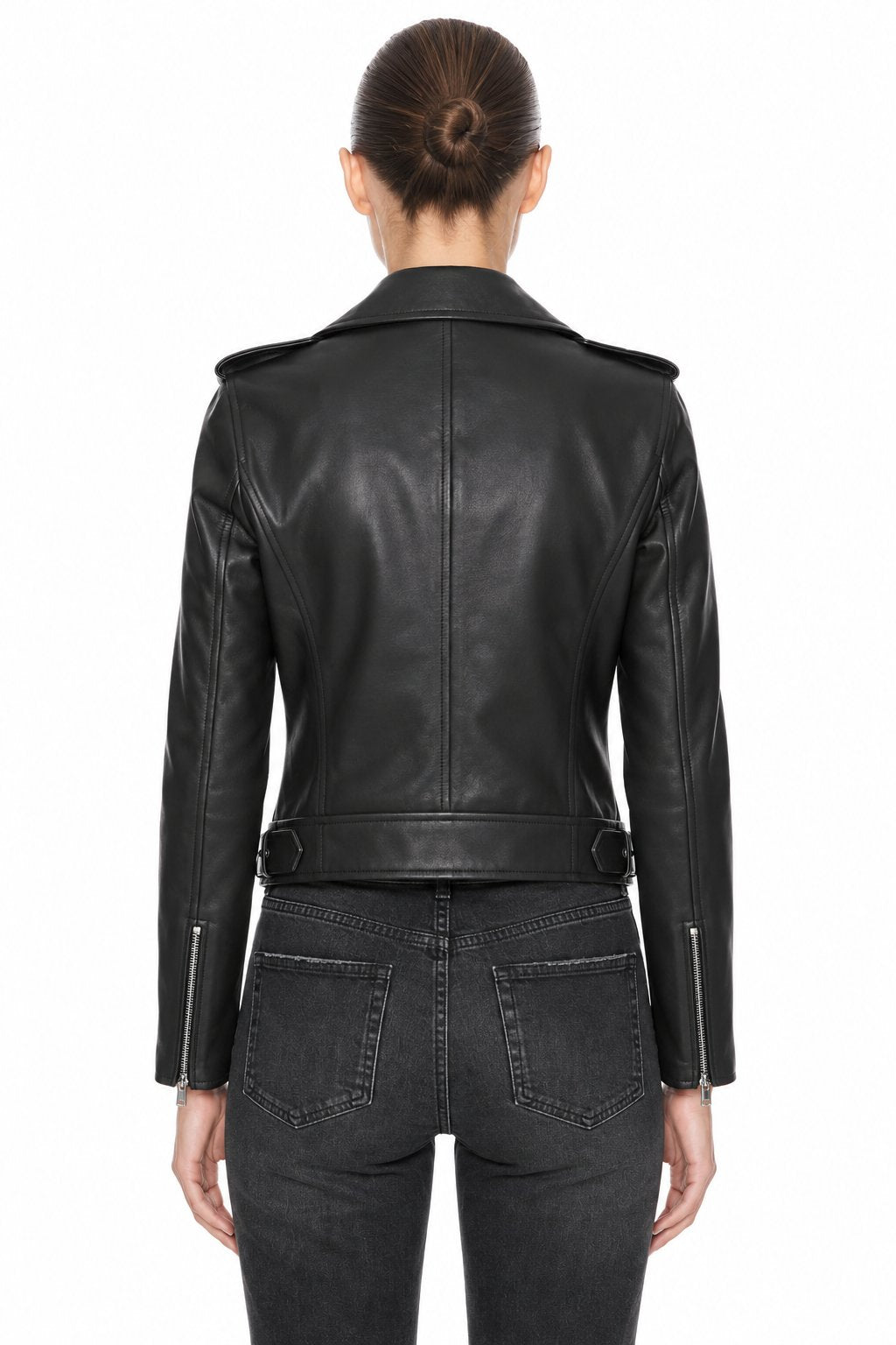 Sunzel Womens Faux Leather Moto Jacket Cropped Asymmetric Zip Biker Coat, Black Belted Biker Jacket with Silver Hardware Pockets