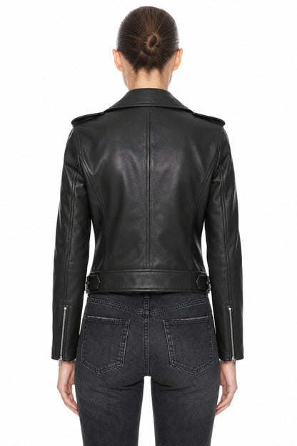 Sunzel Womens Faux Leather Moto Jacket Cropped Asymmetric Zip Biker Coat, Black Belted Biker Jacket with Silver Hardware Pockets