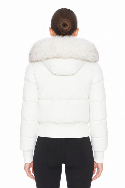 Sunzel Womens Cropped Puffer Jacket Faux Fur Hood Short Winter Coat, White Zip Up Warm Outerwear with Ribbed Cuffs and Pockets