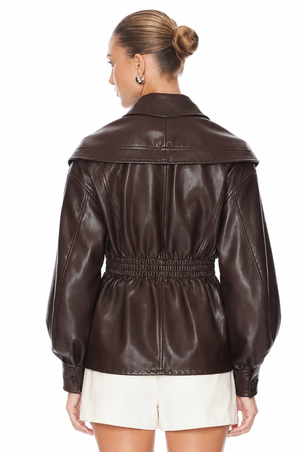 Sunzel Womens Faux Leather Jacket Brown PU Moto Jacket Cinched Waist, Zip Up Oversized Lapel Long Sleeve Fall Streetwear Short Coat