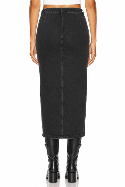 Sunzel Women's High Waisted Denim Maxi Skirt Button Front Side Slit Jean Skirt, Black Washed Fitted Long Denim Pencil Skirt for Fall Going Out