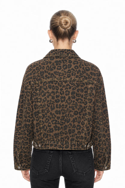Sunzel Womens Leopard Denim Jacket Cropped Jean Trucker Jacket Button Down Fall Casual Coat