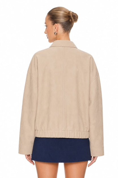 Sunzel Womens Cropped Bomber Jacket Zip Up Utility Jacket with Pockets, Collared Long Sleeve Lightweight Fall Outerwear, Beige Casual Short Jacket