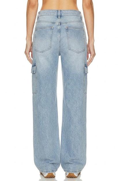 Sunzel Womens Cargo Jeans High Waisted Straight Leg Denim Pants, Light Wash Utility Pocket Casual Work Travel Jeans