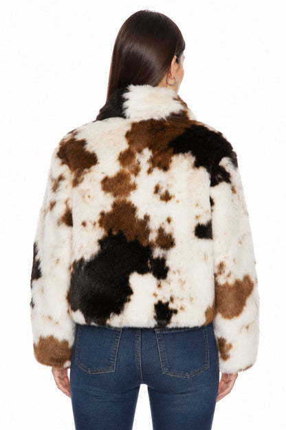 Sunzel Womens Cow Print Faux Fur Cropped Jacket Stand Collar Plush Fall Winter Outerwear
