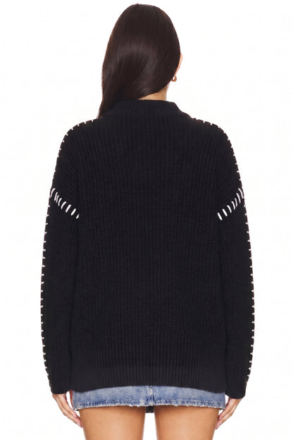 Sunzel Womens Chunky Knit Pullover Sweater Mock Neck Contrast Stitch Long Sleeve Loose Fall Winter Top