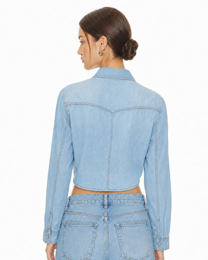 Sunzel Womens Denim Shirt Tie Front Crop Top Snap Button Chambray Blouse Roll Up Sleeve with Chest Pockets