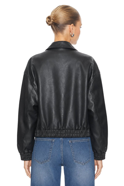Women Faux Leather Jacket Cropped Bomber Jacket Oversized PU Leather Coat with Pockets, Black Zip Up Moto Jacket, Trendy Streetwear Fall Spring Outwear