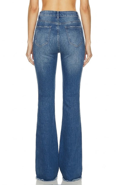 Sunzel Womens High Waisted Flare Jeans Ripped Knee Button Fly Denim Pants Frayed Hem Vintage
