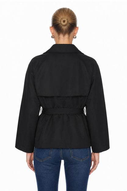 Sunzel Womens Black Short Trench Coat Belted Double Breasted Lapel Fall Jacket with Flap Pockets