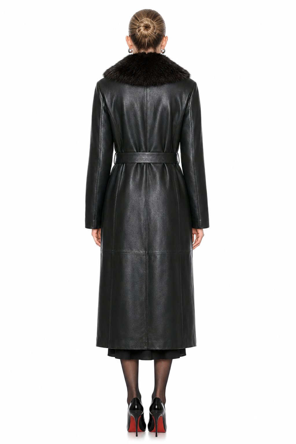Sunzel Women Black Faux Leather Coat Faux Fur Collar Belted Longline Winter Overcoat with Pockets