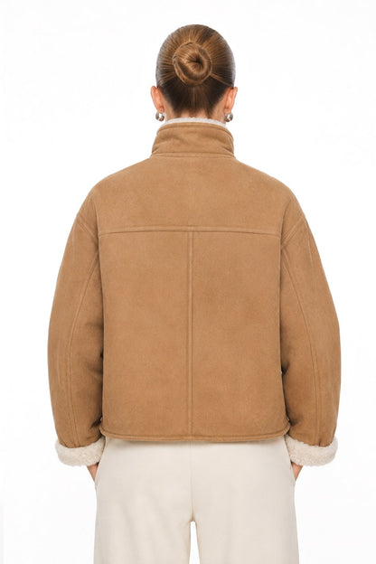 Sunzel Womens Reversible Sherpa Coat, Camel Suede Look Short Trench Outerwear, Stand Collar Button Front Jacket with Pockets