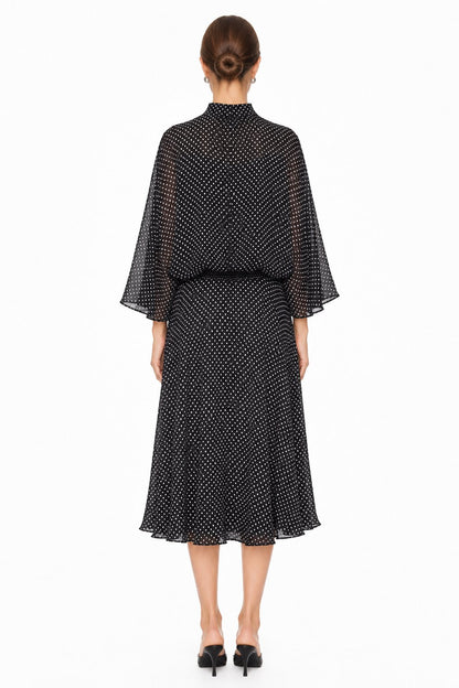 Sunzel Womens Polka Dot Midi Dress Bow Tie Neck Sheer Batwing Sleeve Flowy Spring Summer Dress