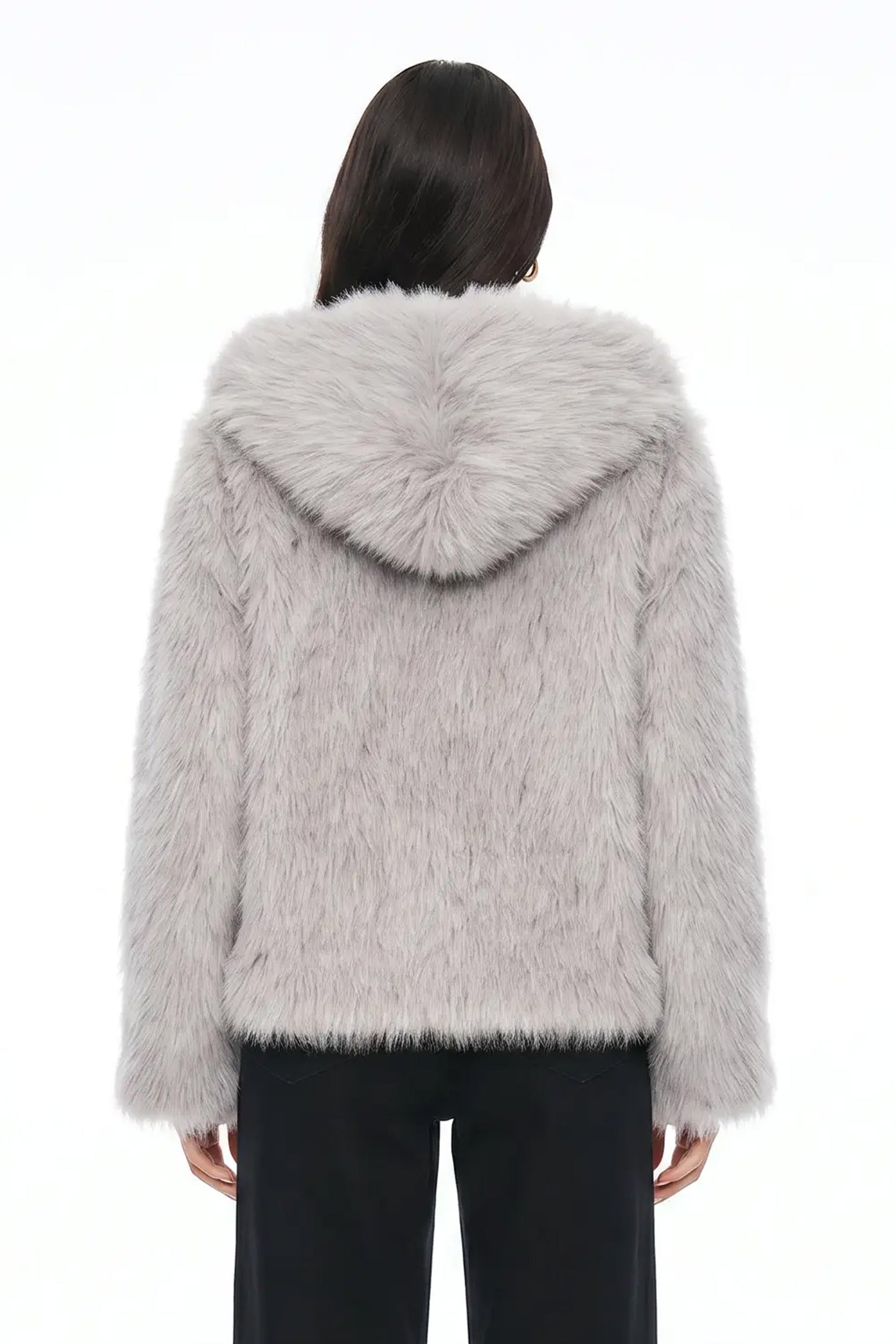 Sunzel Women's Faux Fur Coat Hooded Cropped Jacket, Light Gray Fluffy Plush Long Sleeve Winter Outerwear for Dressy Casual Outfits