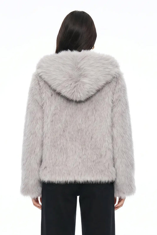 Sunzel Women's Faux Fur Coat Hooded Cropped Jacket, Light Gray Fluffy Plush Long Sleeve Winter Outerwear for Dressy Casual Outfits