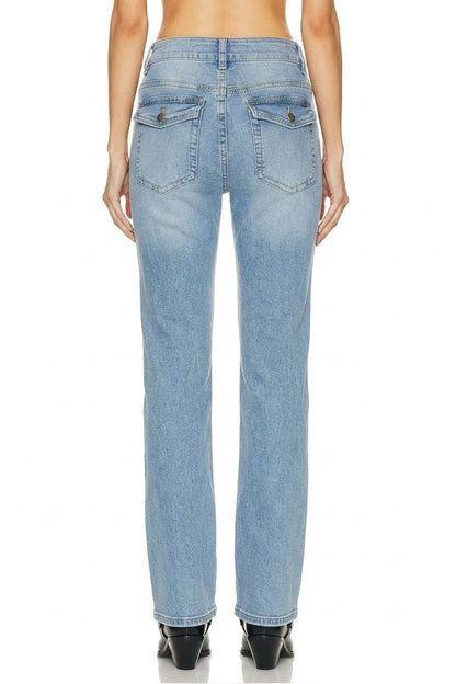 Sunzel Womens Mid Rise Straight Leg Jeans Light Wash Denim Pants with Flap Back Pockets