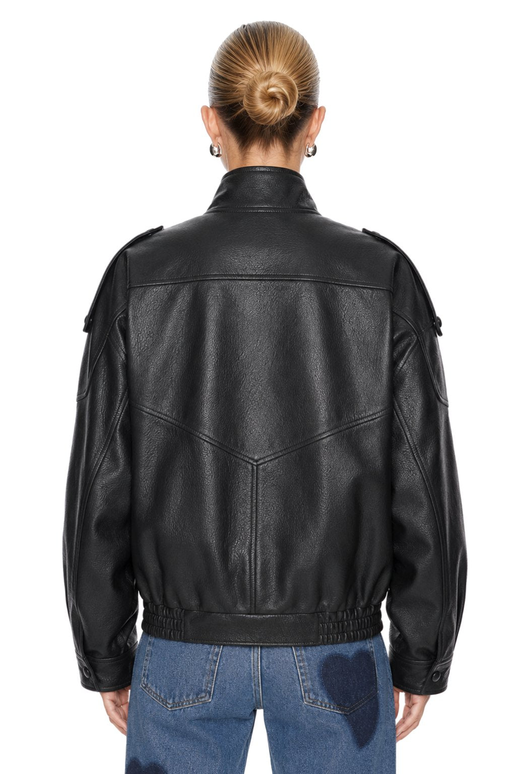 Sunzel Womens Faux Leather Bomber Jacket Moto Zip Up Coat Stand Collar, Oversized PU Leather Short Fall Winter Outerwear with Pockets