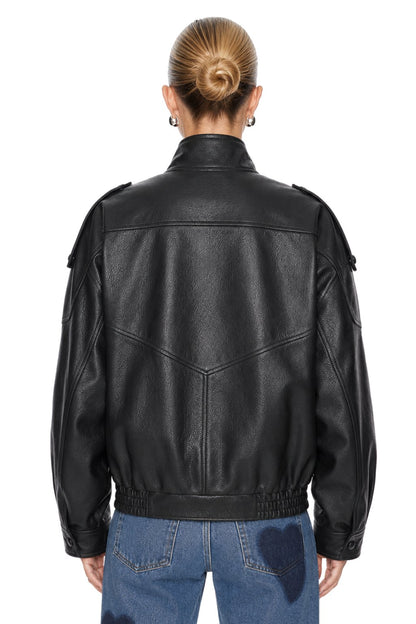 Sunzel Womens Faux Leather Bomber Jacket Moto Zip Up Coat Stand Collar, Oversized PU Leather Short Fall Winter Outerwear with Pockets