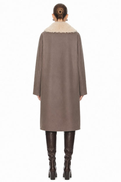 Sunzel Women Reversible Faux Shearling Coat Faux Fur Collar Long Winter Overcoat with Pockets Taupe