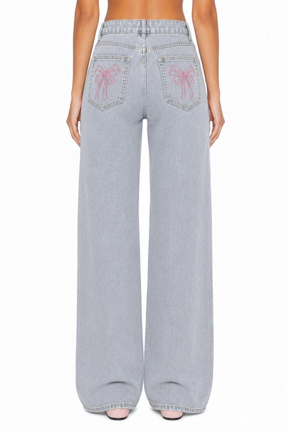 Sunzel Womens Bow Embroidered Wide Leg Jeans High Waisted Denim Pants Pocket Smoothing Loose Casual Straight Jeans