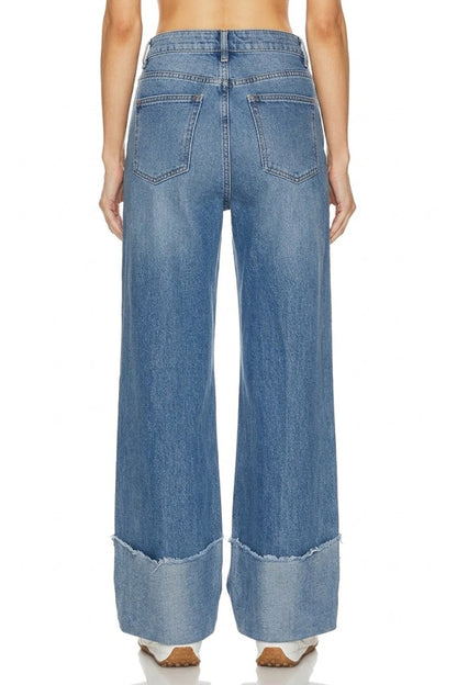 Sunzel Womens High Rise Wide Leg Jeans Cuffed Hem Washed Denim Pants with Patch Pockets