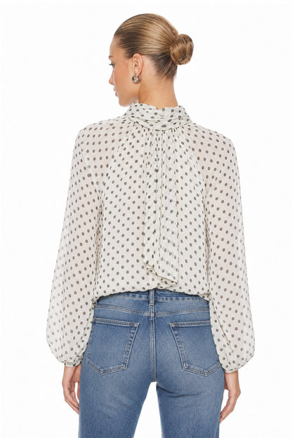 Sunzel Womens Polka Dot Chiffon Blouse Tie Neck Long Sleeve Sheer Dressy Office Top Loose Work Shirt