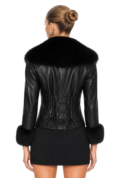 Sunzel Womens Faux Leather Jacket Faux Fur Collar Cuffs Lace Up Back, Cropped PU Leather Coat Button Front Dressy Winter Going Out Outerwear