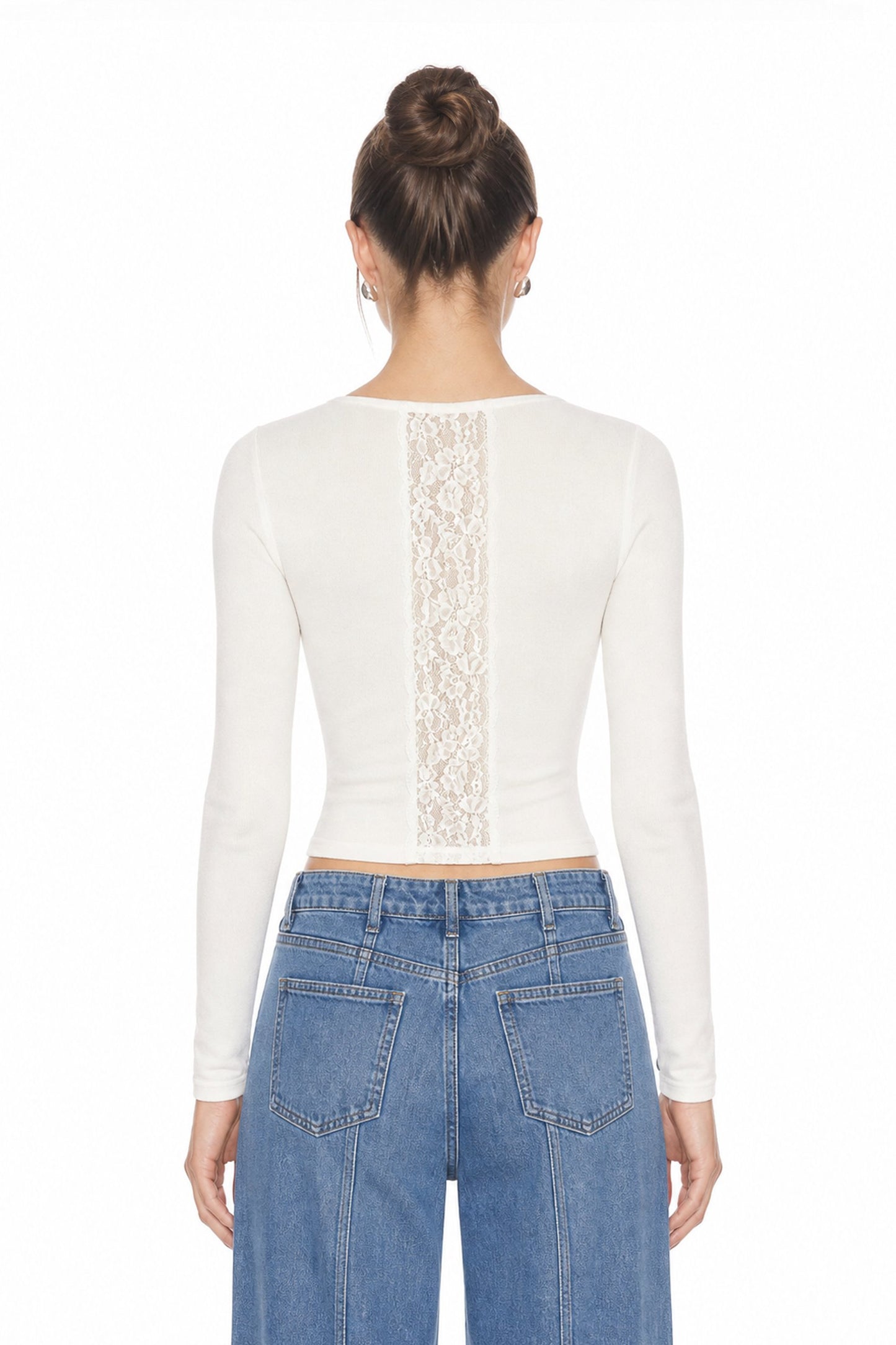 Sunzel Womens Lace Trim V Neck Long Sleeve Top Fitted Crop Shirt Going Out Dressy Casual Knit Tee