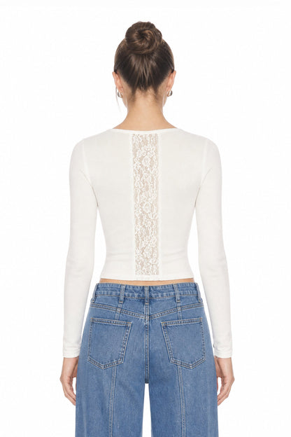 Sunzel Womens Lace Trim V Neck Long Sleeve Top Fitted Crop Shirt Going Out Dressy Casual Knit Tee