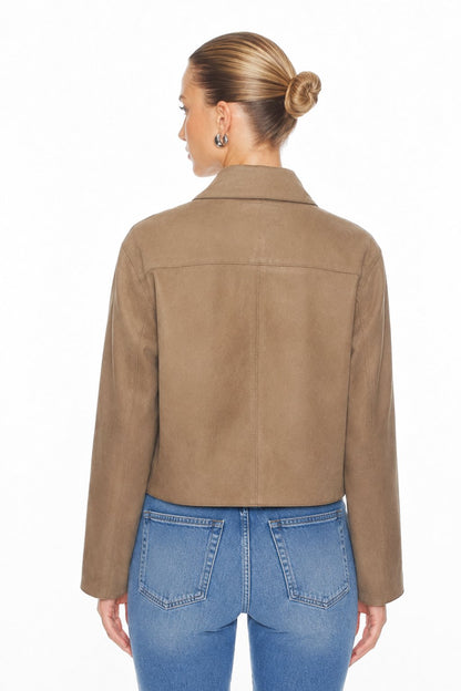Sunzel Womens Faux Suede Jacket Cropped Button Front Flap Pockets, Spread Collar Short Fall Outerwear Dressy Casual Coat
