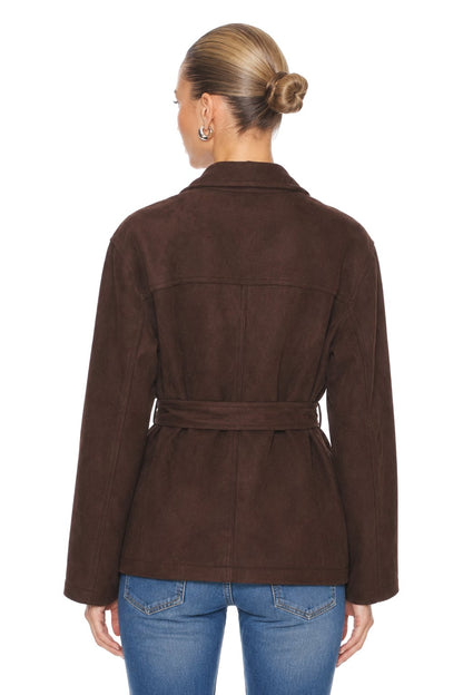 Sunzel Womens Brown Suede Look Short Trench Coat Belted Lapel Button Front Fall Jacket with Pockets