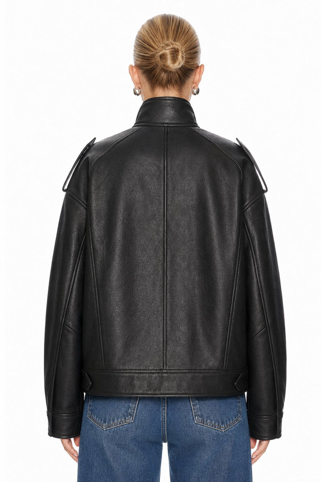 Sunzel Womens Faux Leather Jacket Black Zip Up Moto Coat Pockets, Long Sleeve Stand Collar Relaxed Short Fall Streetwear Outerwear