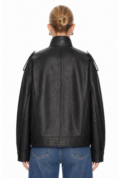 Sunzel Womens Faux Leather Jacket Black Zip Up Moto Coat Pockets, Long Sleeve Stand Collar Relaxed Short Fall Streetwear Outerwear