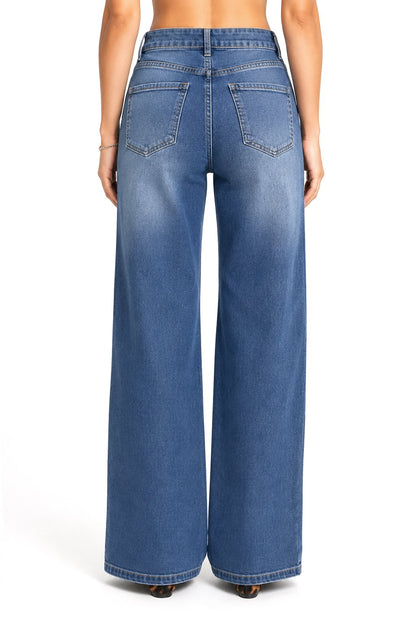 Sunzel Womens Embroidered Wide Leg Jeans High Waisted Denim Pants Pocket Smoothing Loose Stretch Casual Jeans