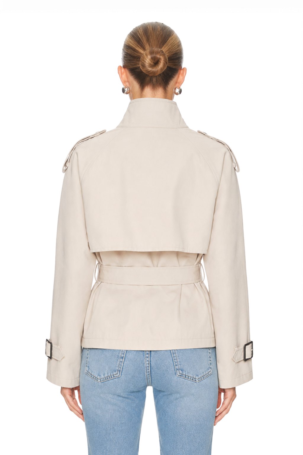 Sunzel Womens Short Trench Coat Beige Belted Stand Collar Button Front Fall Jacket No Pockets