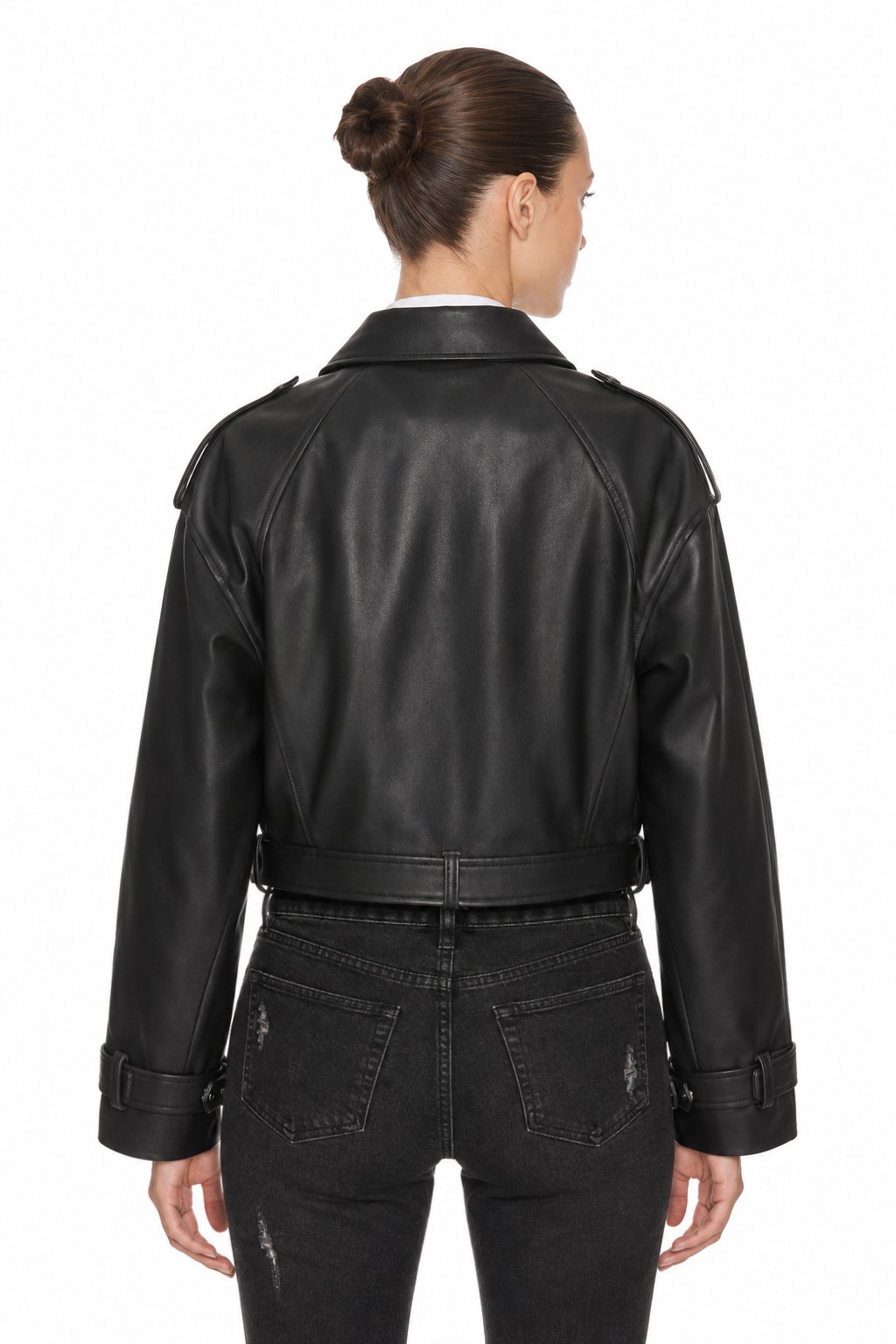 Sunzel Womens Faux Leather Moto Jacket Cropped Asymmetric Zip Biker Coat, Black Belted Biker Jacket with Buckle Cuffs Pockets