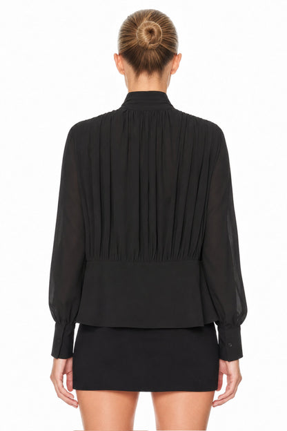 Sunzel Womens Tie Neck Pleated Blouse Long Sleeve Sheer Chiffon Dressy Office Top Loose Elegant Shirt