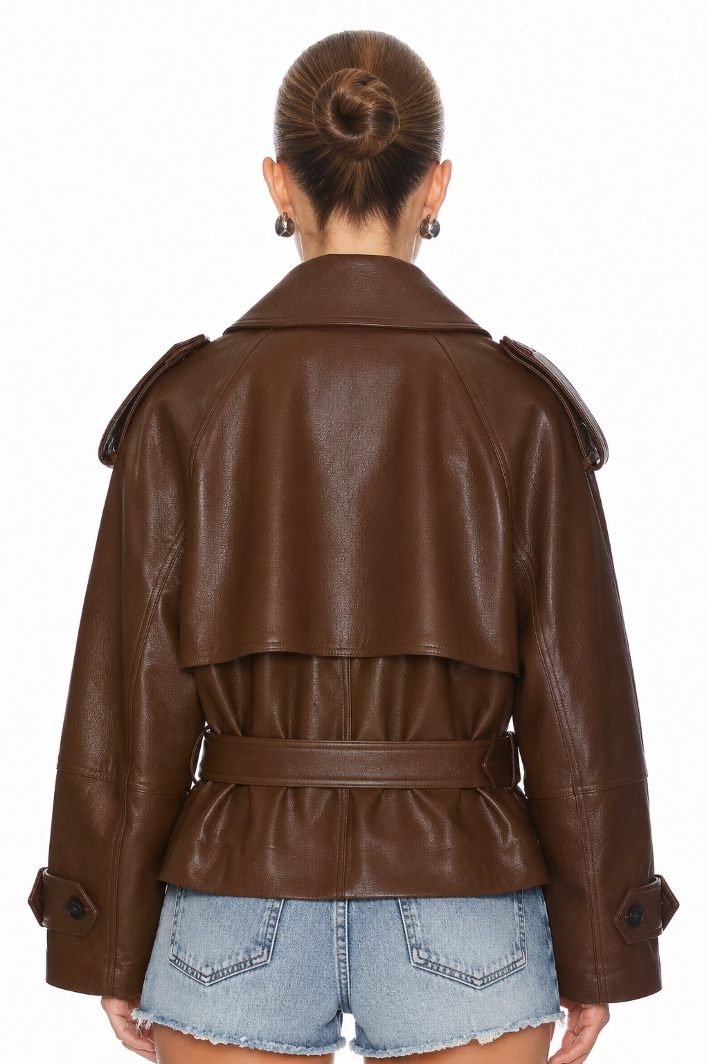 Sunzel Womens Faux Leather Jacket Cropped Belted Trench Coat, Brown Oversized Moto Outerwear with Lapel Collar Pockets for Fall