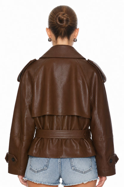 Sunzel Womens Faux Leather Jacket Cropped Belted Trench Coat, Brown Oversized Moto Outerwear with Lapel Collar Pockets for Fall
